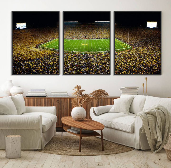 Aerial view of Michigan Stadium night game, ideal for Michigan Wolverines Football Team displayed on a triple canvas wall art.