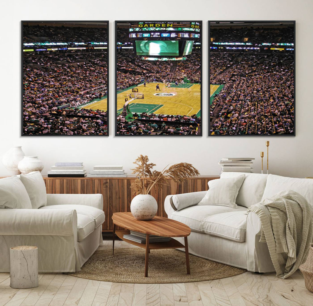 A vibrant depiction of a TD Garden basketball game is beautifully captured in the Boston Celtics Triple Canvas Wall Art, which comes framed and ready to hang.