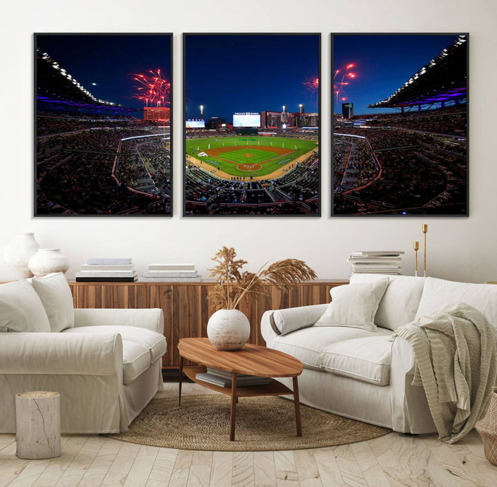 Truist Park wall art: fireworks over a Braves crowd, a large 3-panel canvas, framed and ready-to-hang.