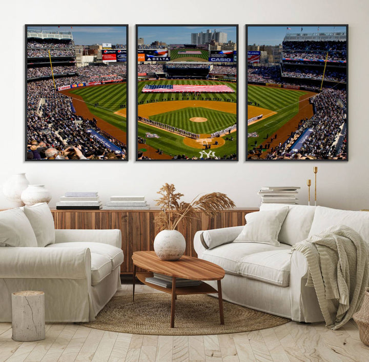 The Yankee Stadium New York wall art print features a vibrant scene of baseball fans with a large flag and players, expertly capturing the spirit of the game. This ready-to-hang décor is perfect for adding a dynamic touch to any space.