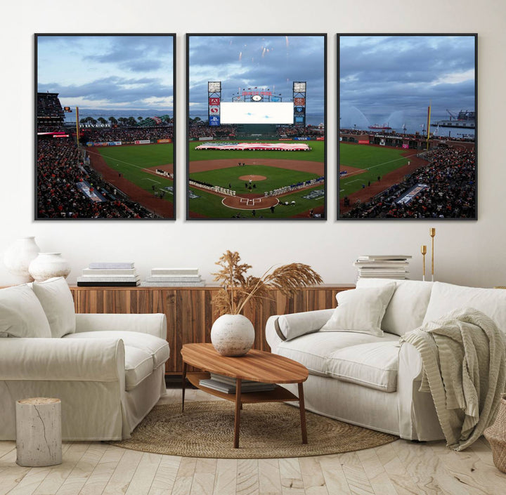 This framed 3-panel canvas MLB wall art features a giant flag and fans under a cloudy sky at Oracle Park.