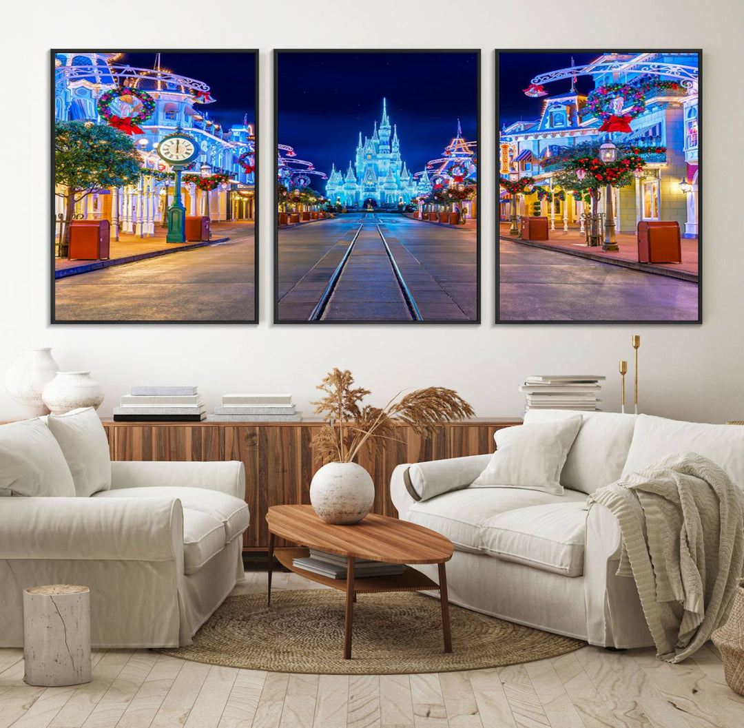 Disney wall art featuring a fantasy castle street at night.