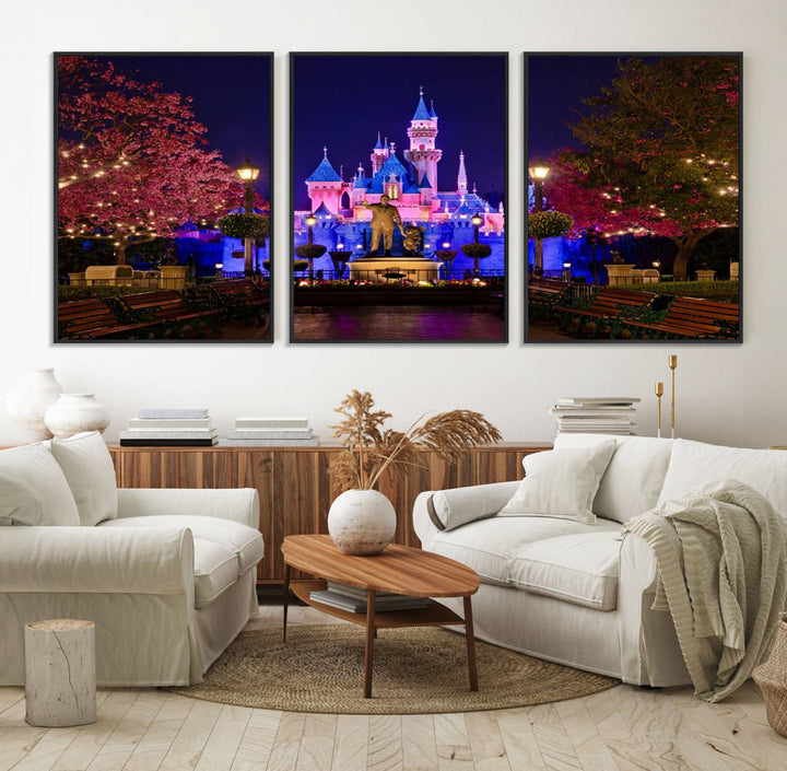 The Castle Large Wall Art is surrounded by illuminated trees at night.