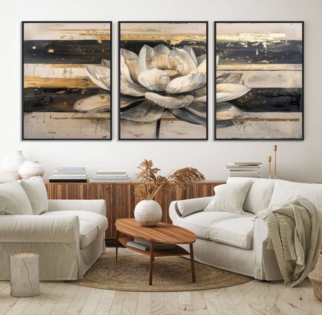 The wall is adorned with an Abstract Lotus Flower Wall Art Canvas Print.