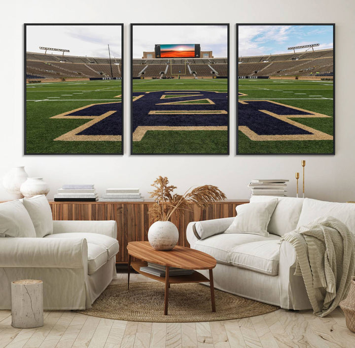 Notre Dame Stadium Triptych: This ready-to-hang giclee canvas print features a vibrant depiction of the football field adorned with an A logo and a stunning sunset.