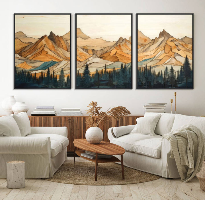 A triptych giclee print of mountains decorates the wall above the counter.