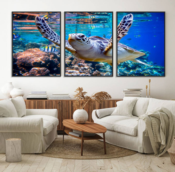 The Underwater Sea Turtle Wall Art Canvas Print serves as vibrant ocean décor, enhancing the kitchen with its stunning depiction.