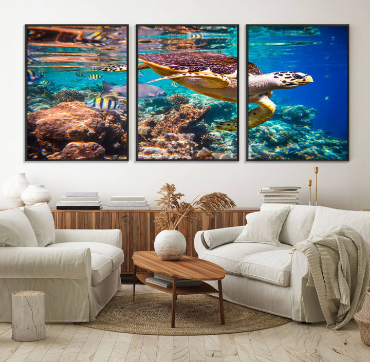 A Sea Turtle Wall Art Canvas Print features a colorful turtle swimming among coral. This artwork is ready to hang.