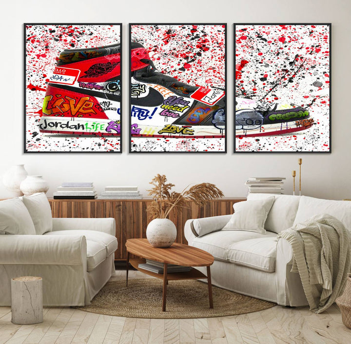 A Jordan Shoes Graffiti Canvas Print hangs prominently, perfect for sneakerheads and urban art lovers.