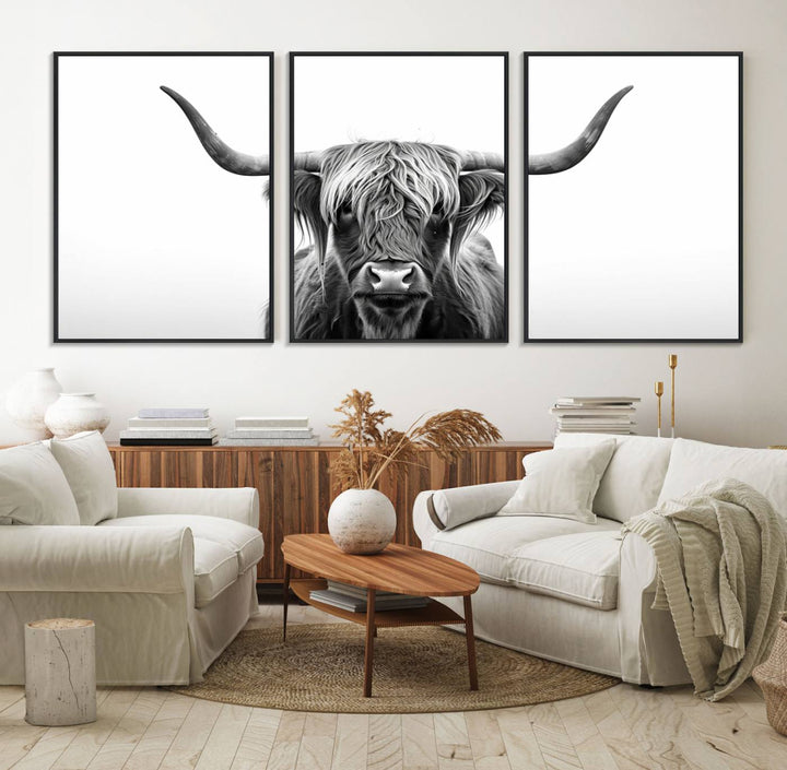 The Highland Wall Art Canvas captures minimalist farmhouse style with its black and white design.