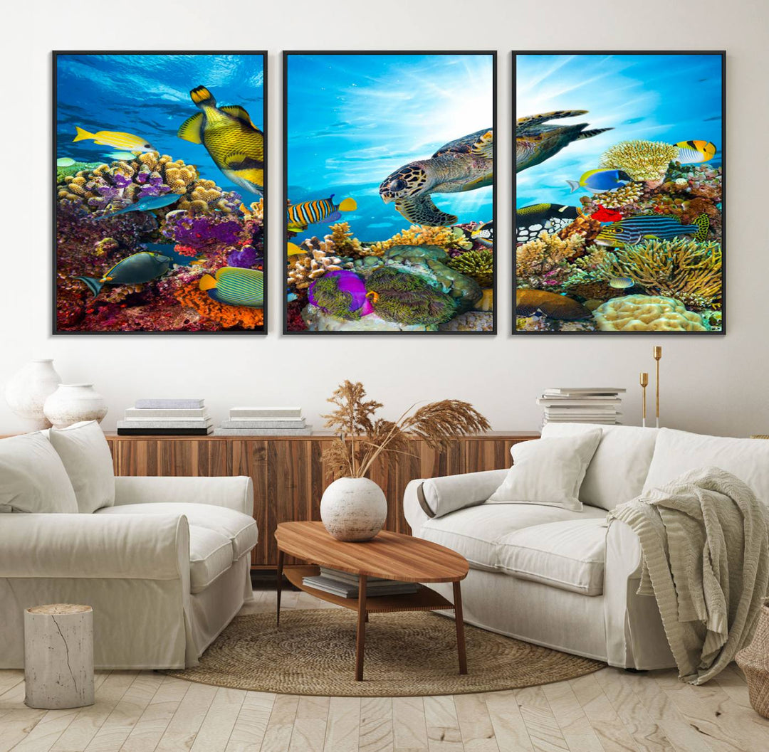 The Colorful Coral Reef and Sea Life Turtle Canvas Print brings vibrant ocean decor to your wall.