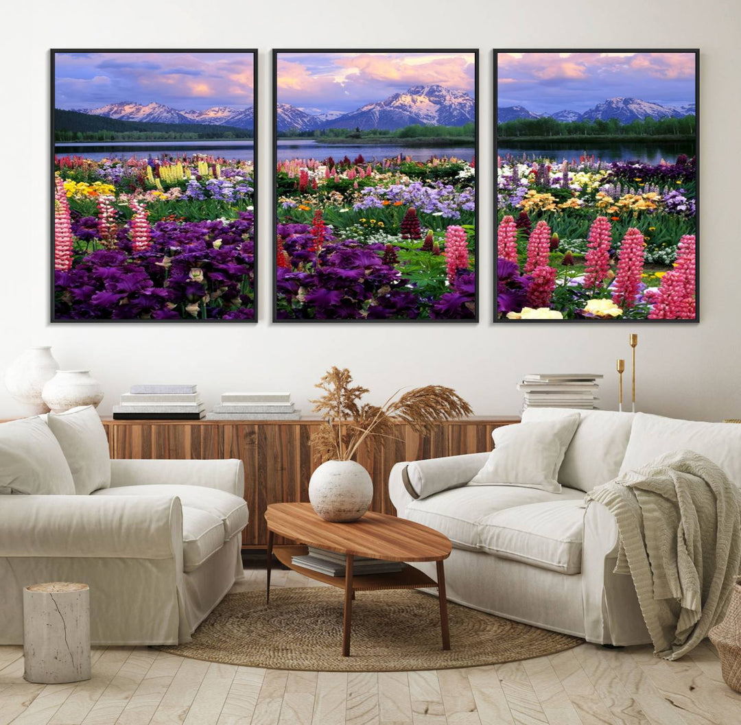 A Vibrant Wildflower Garden and Mountain View Giclee Print is displayed prominently on the wall.