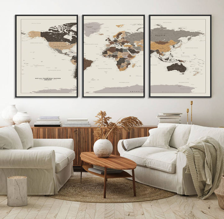 Antique-style world map canvas print with Not all those who wander are lost, perfect for vintage decor.