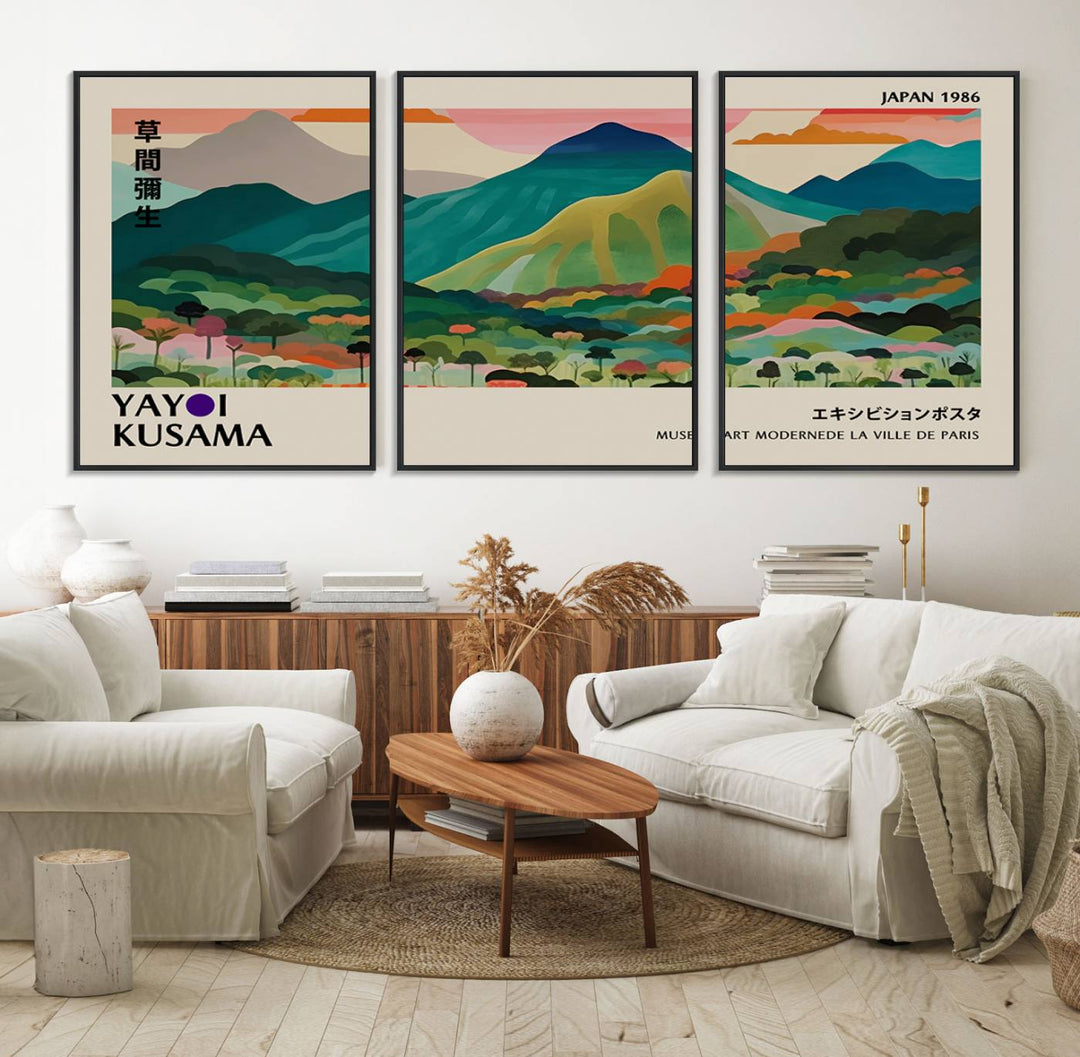 Vibrant Kusama landscape canvas featuring floral mountains and botanical decor, ideal for a modern home.