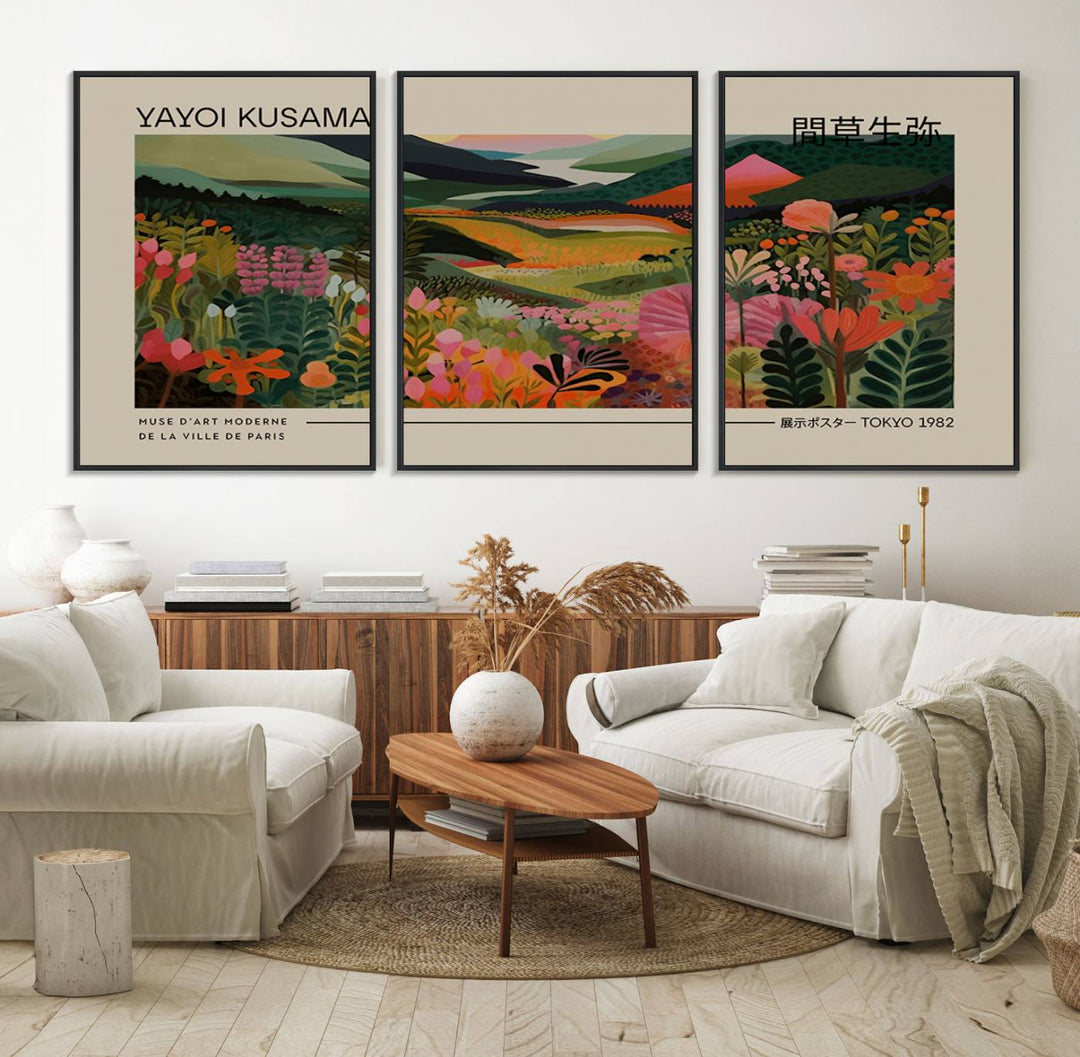 A Yayoi Kusama Landscape Canvas Print brightens the wall with vibrant floral and mountain art.