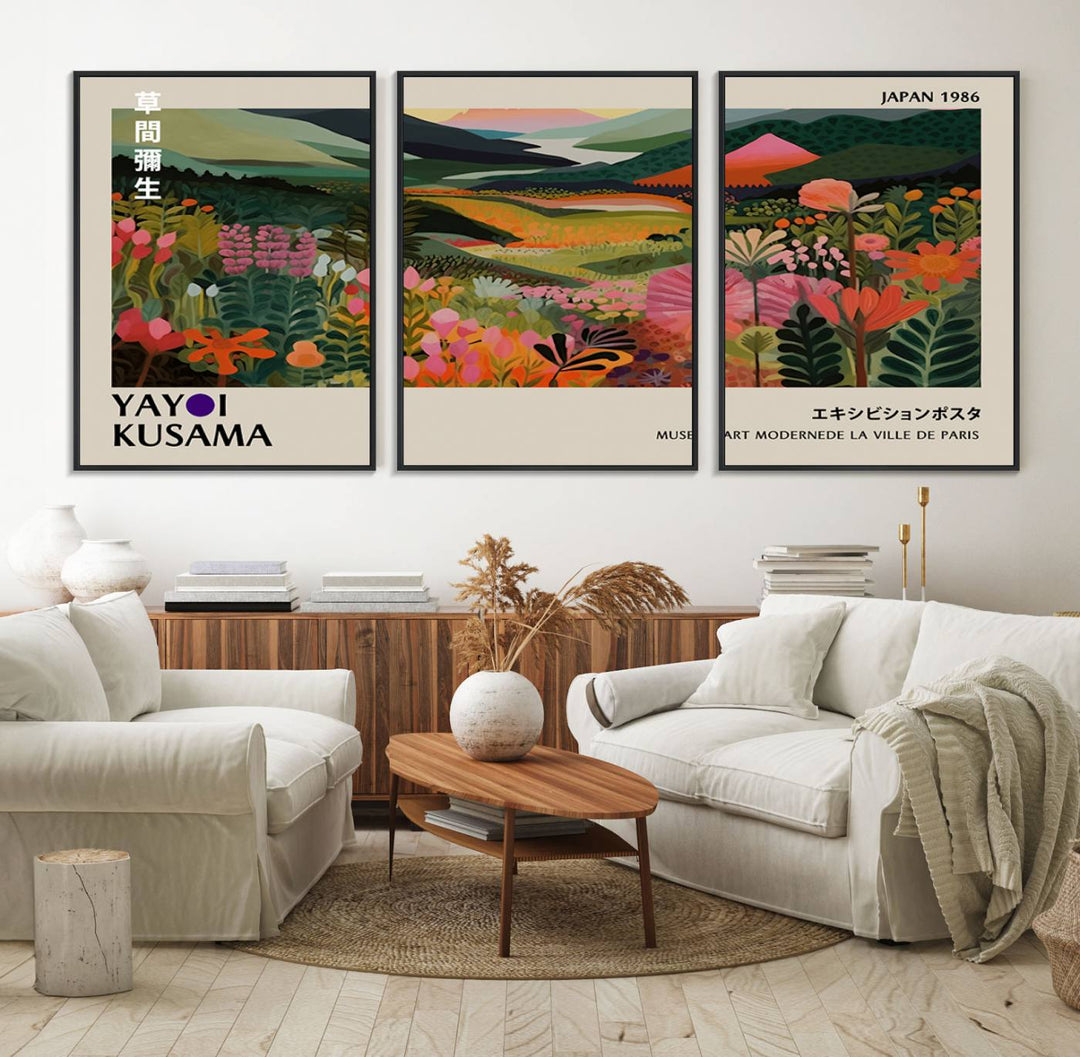 Yayoi Kusamas Landscape Canvas Print with vibrant floral mountain art adorns the wall.