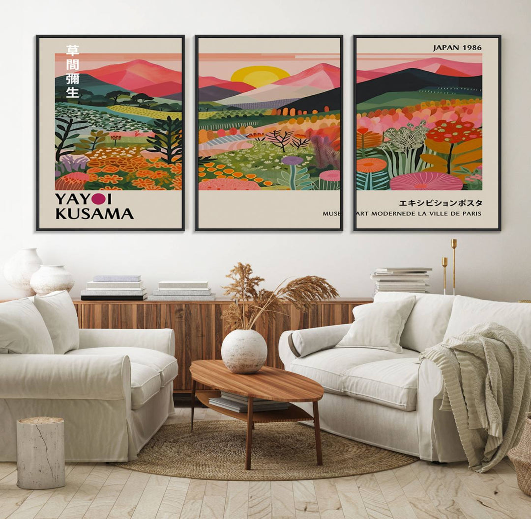 The wall art includes a vintage world map and Yayoi Kusamas colorful landscape.