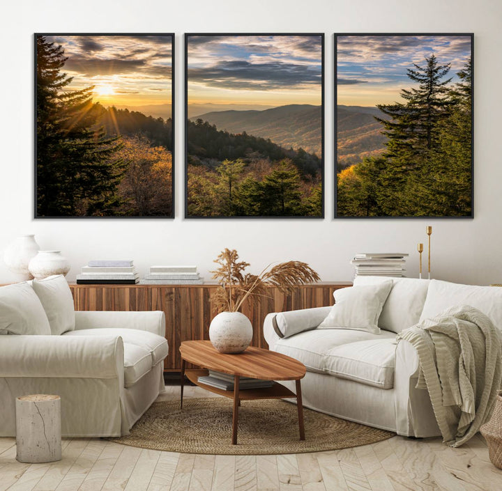 A triptych canvas titled Sunrise Over the Smoky Mountains adorns the wall.