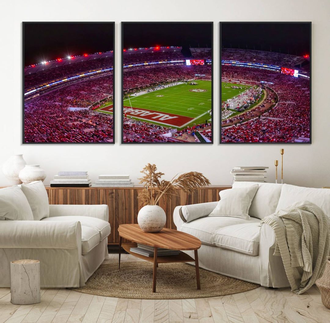 The living room features a Bryant-Denny Stadium Night Game Triple Canvas Wall Art.