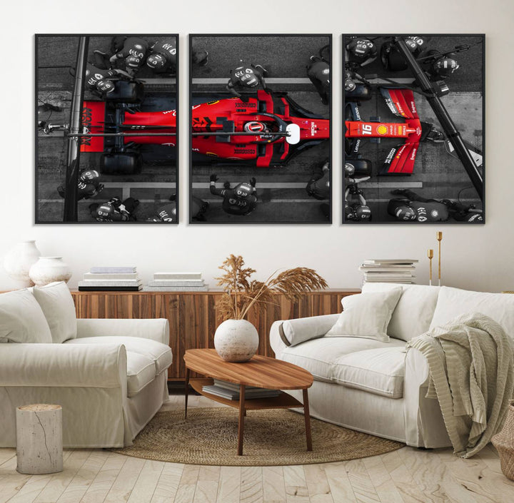 Ferrari Pit Stop Canvas Wall Art displayed prominently in the living room.