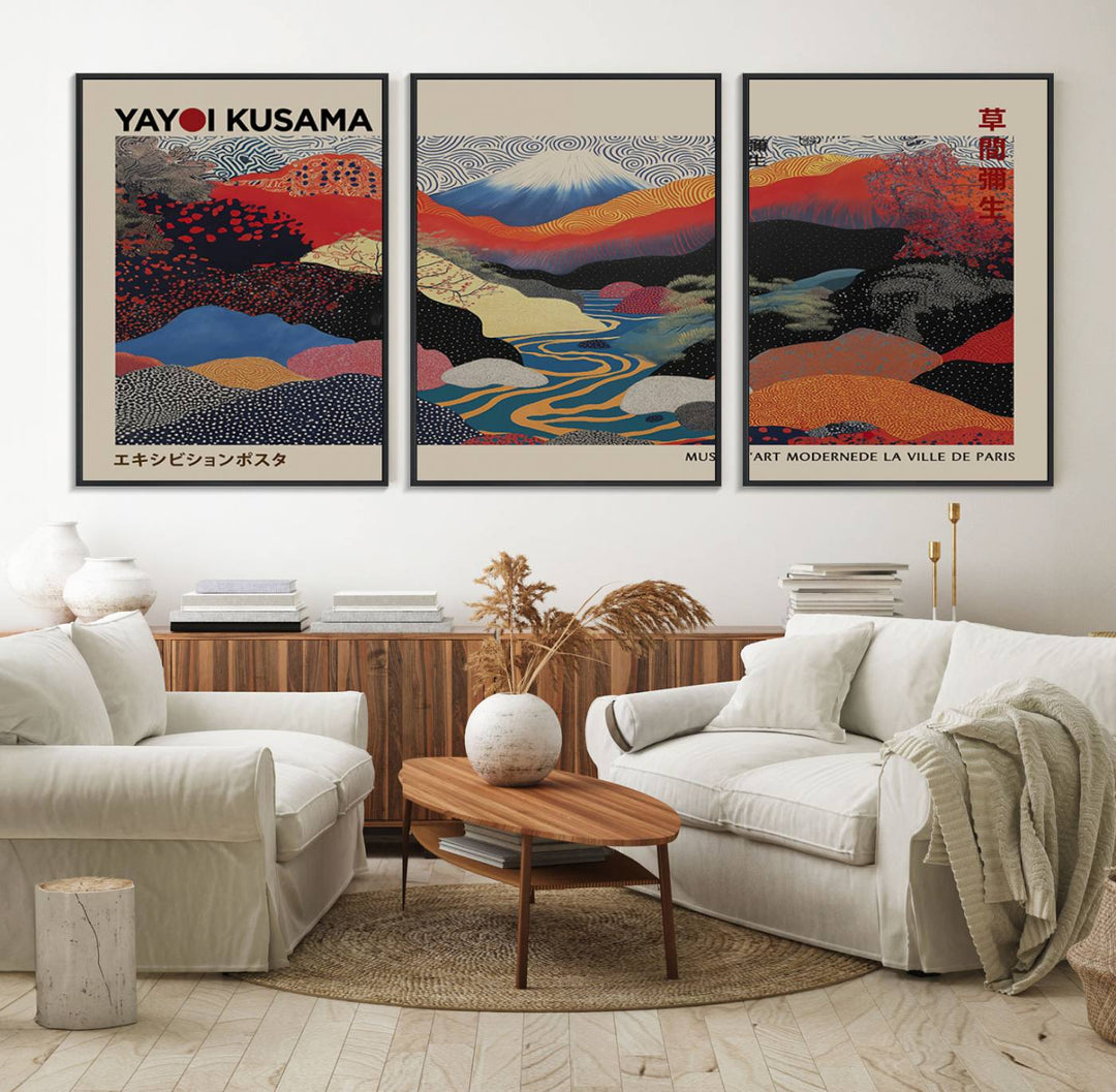 The room showcases Kusamas 1986 vibrant abstract landscape wall art print.