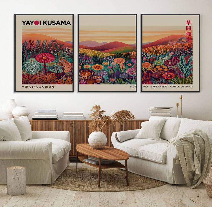 A framed Yayoi Kusama abstract landscape art print adorns the wall.