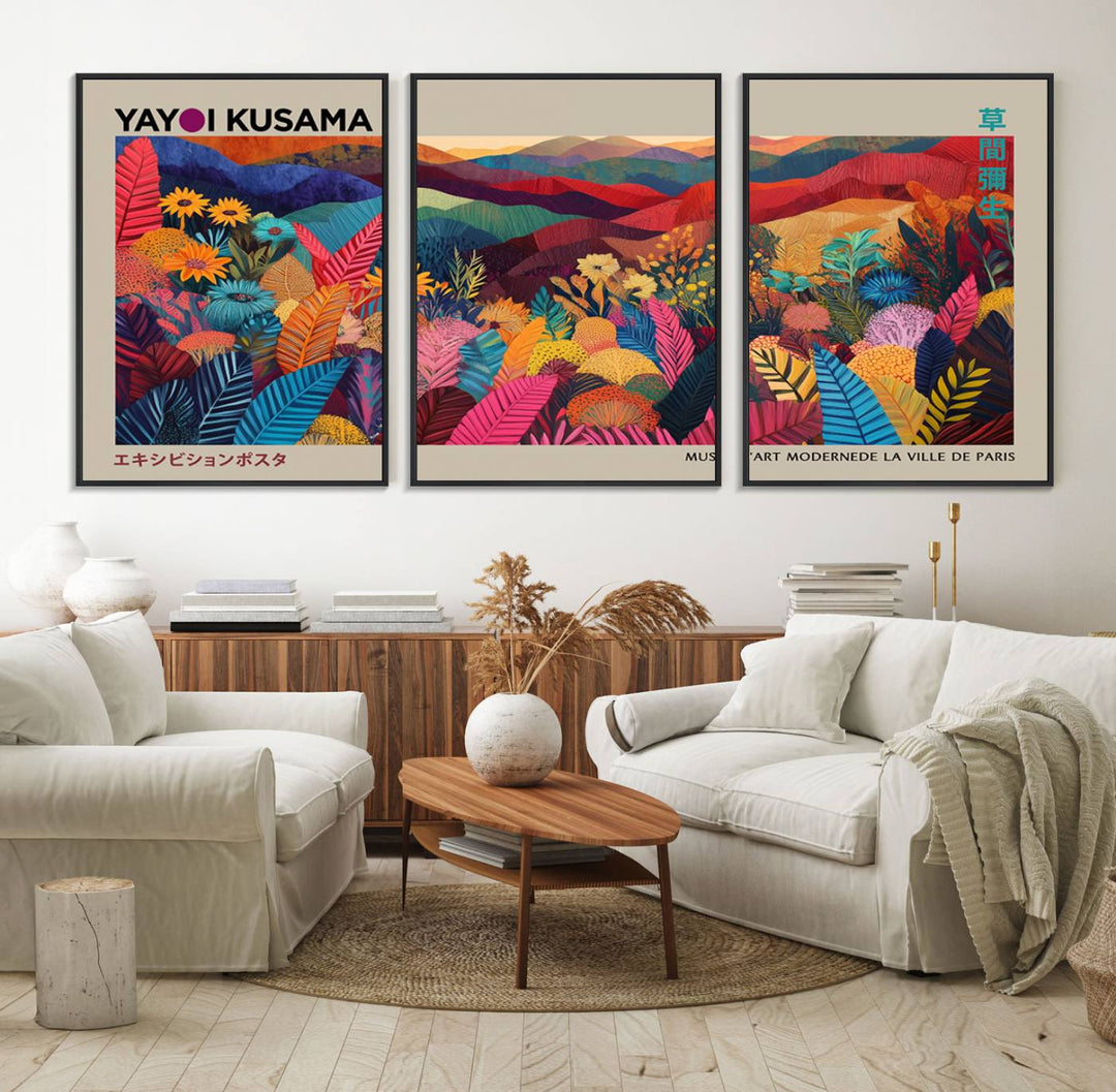 A Yayoi Kusama 1986 wall art print adds color in a modern living room.