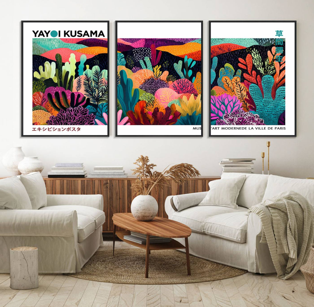 Yayoi Kusamas vibrant abstract landscape print.