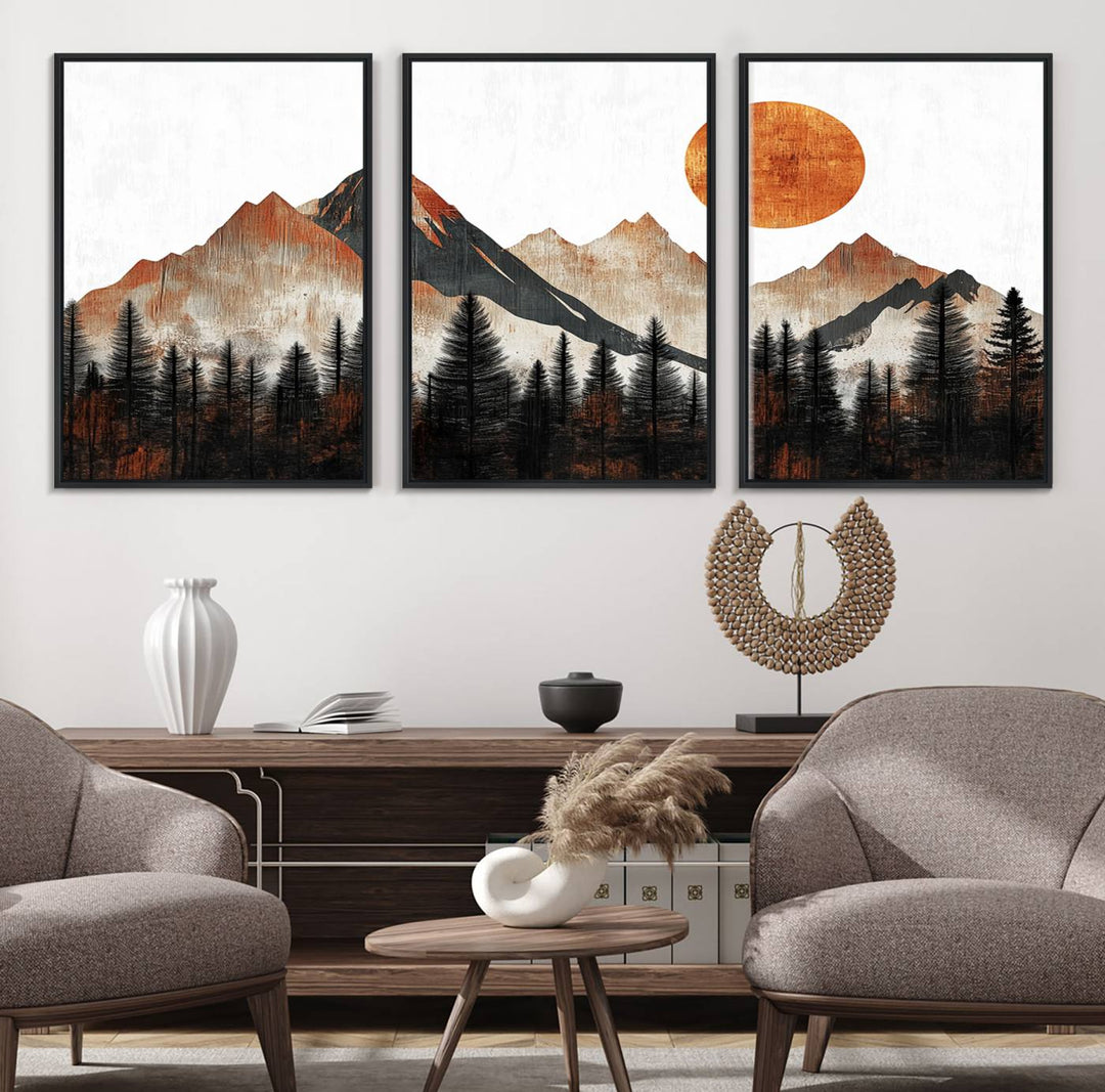 The "Modern Abstract Mountain Canvas Wall Art Print" in the living room features an abstract landscape of mountains, trees, and a warm-toned sun.