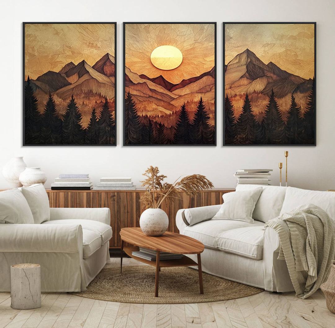 The dining area features a Wood Style Abstract Mountain Sunset canvas wall art print.