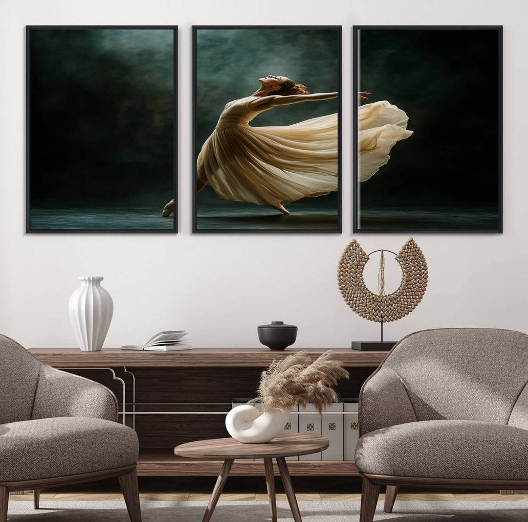 The Ballerina Canvas Wall Art Print, featuring an elegant ballet dancer in motion, beautifully enhances the space.