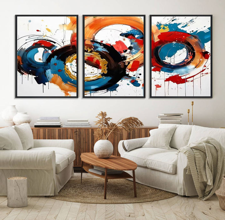 The Abstract Wall Art Rings Canvas Print, with its bold and colorful circular strokes, adorns the wall, epitomizing contemporary design.