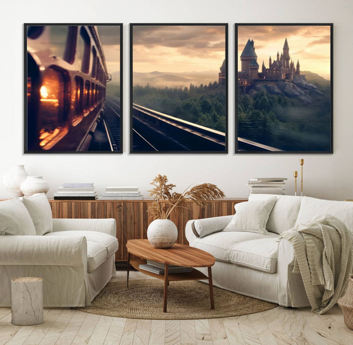 The "Harry Castle Wall Art Canvas Print," depicting a train and castle at sunrise, is elegantly featured with its gallery-quality finish in the modern living room.