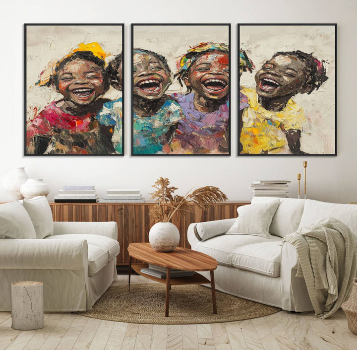 The Joyful Childhood Canvas Art by Shai Yossef, depicting kids laughing, is featured in the living room.