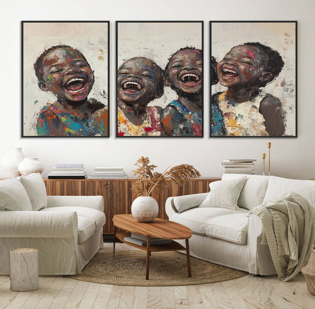 This Shai Yossef Print - Joyful Childhood Canvas Wall Art is an expressive impasto painting of laughing children. As framed abstract art for your living room, it adds a touch reminiscent of Shai Yossef's unique style to any living space.