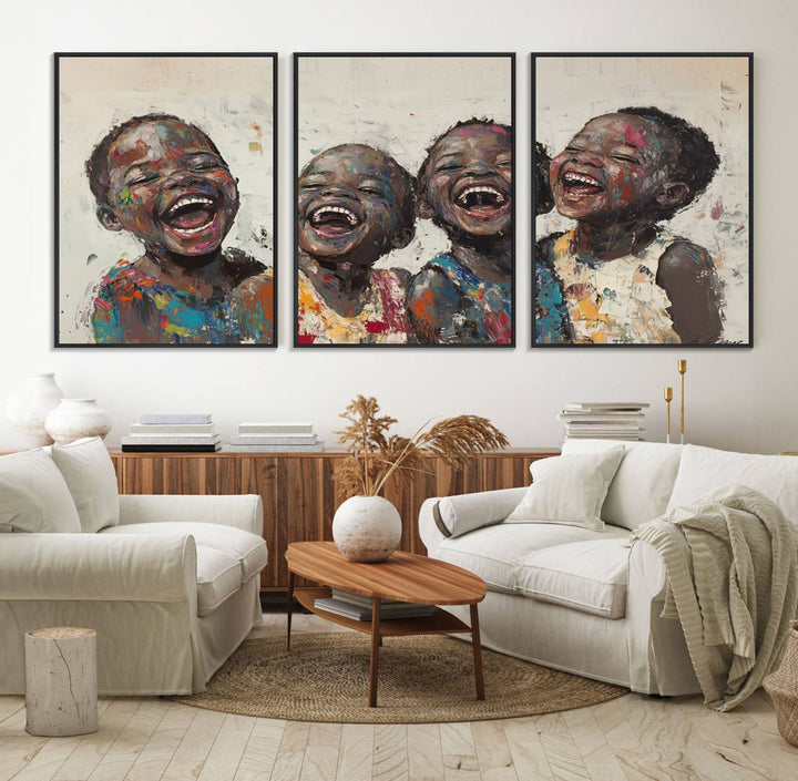 A living room featuring the Shai Yossef Joyful Childhood Canvas Wall Art.