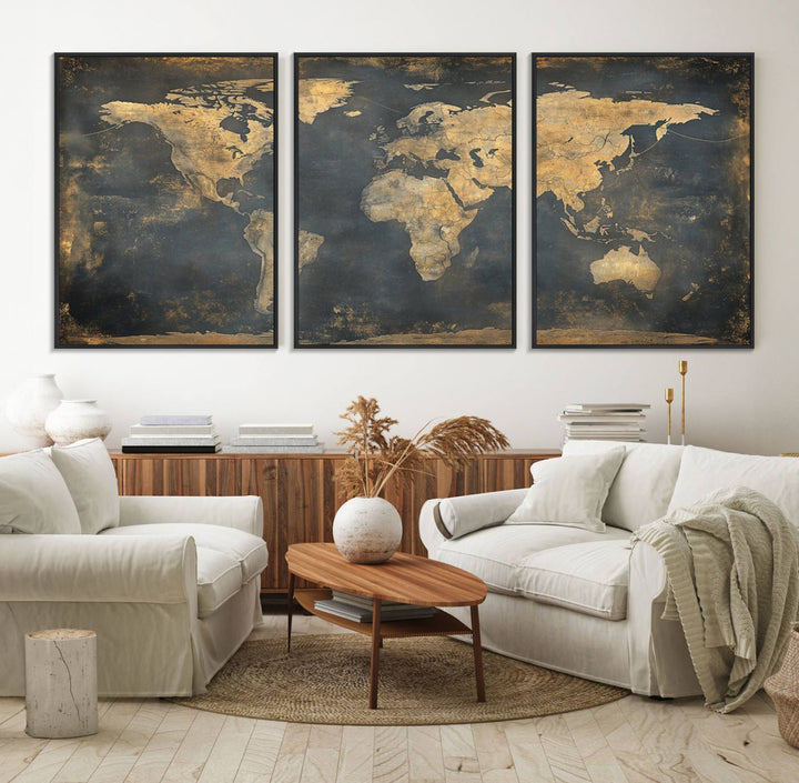 The Grunge World Map Canvas Wall Art features golden tones and is displayed against a white-paneled wall.