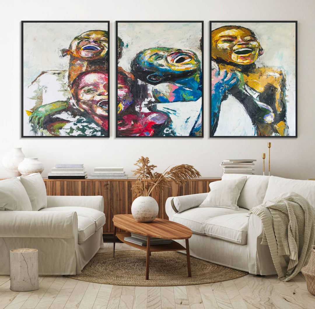 A vibrant Shai Yossef canvas art of joyful kids hangs prominently.