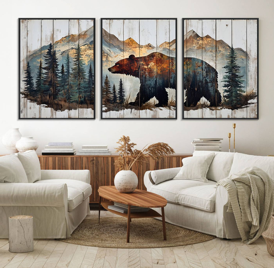 The living room features Rustic Grizzly 399 bear wall art, adding a cozy touch to the setup.