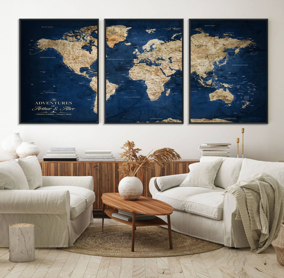 A Personalized Custom World Map Canvas Print on blue hangs prominently.