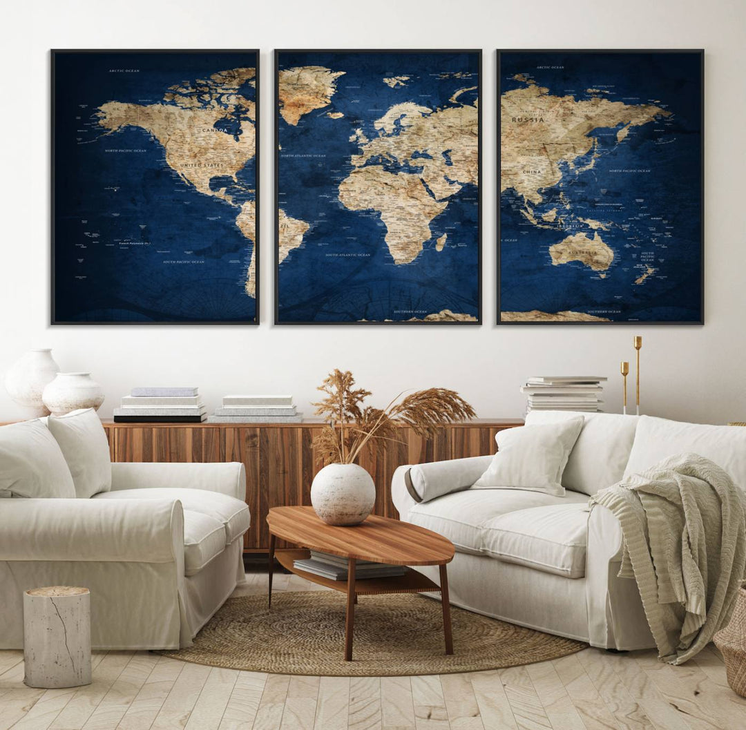 A personalized world map canvas print hangs above.