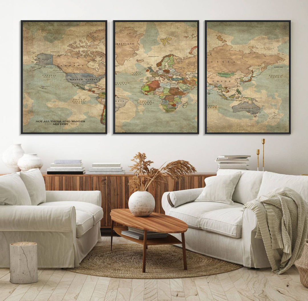 A Personalized World Map Canvas Print in vintage style enhances the setting with its artistic charm.