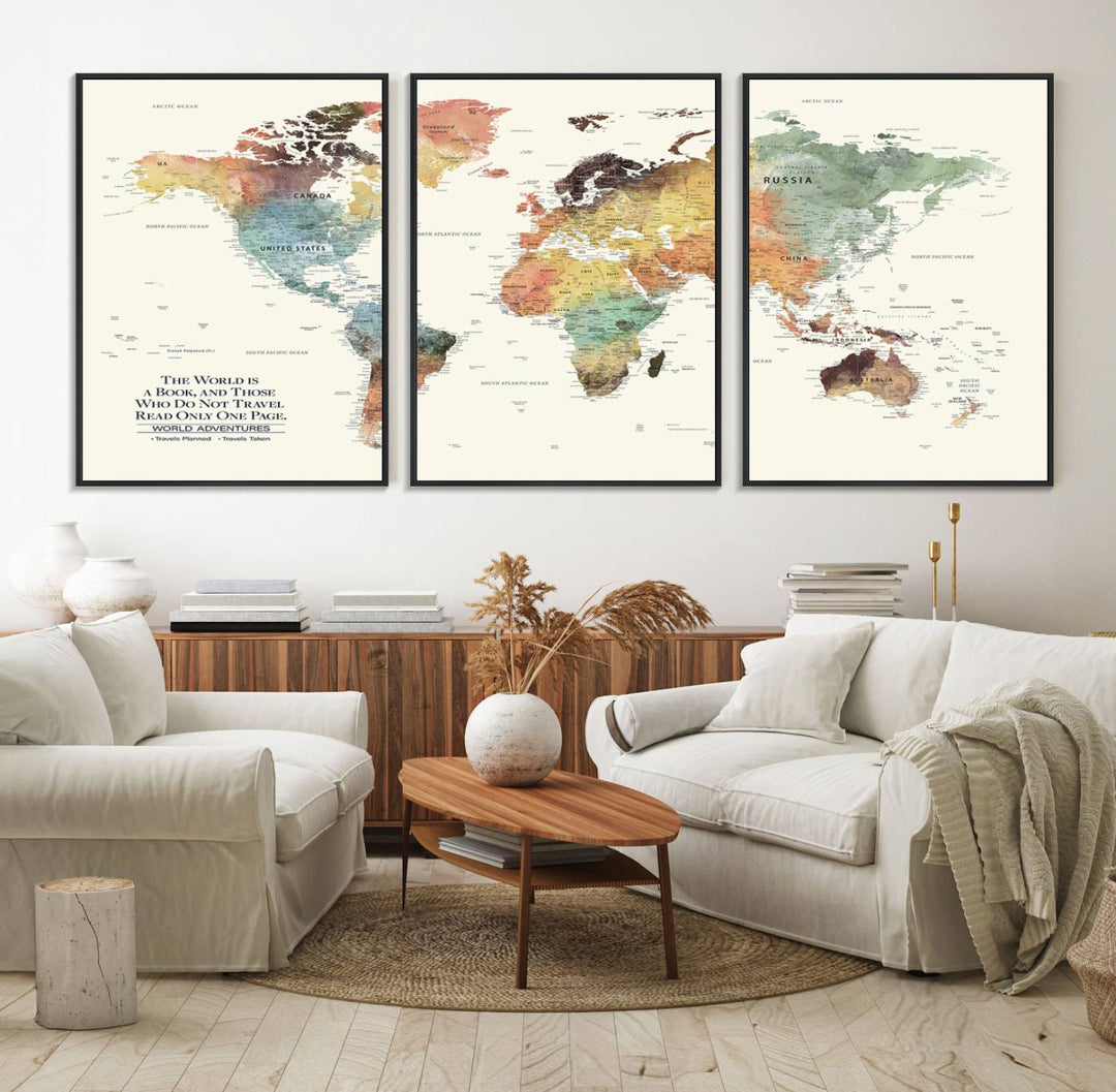 A colorful Personalized World Map Canvas Print, ideal as wall art for living room or office.