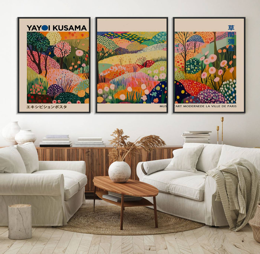 A Yayoi Kusama Wall Art Canvas Print featuring vibrant abstract floral patterns is displayed in a tranquil forest setting.