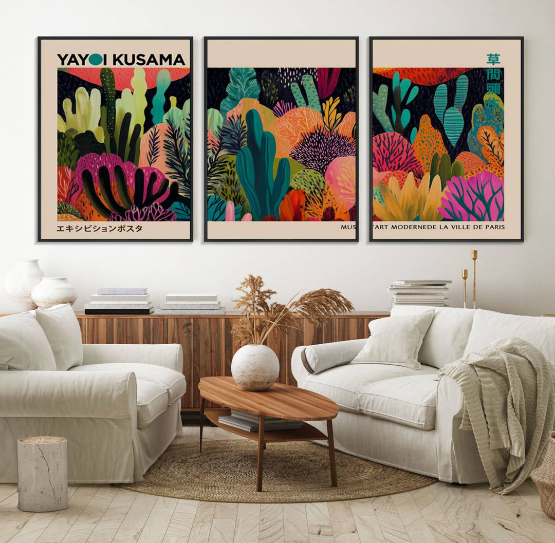 A vibrant Yayoi Kusama Wall Art Canvas Print showcases intricate abstract flora on a light background.