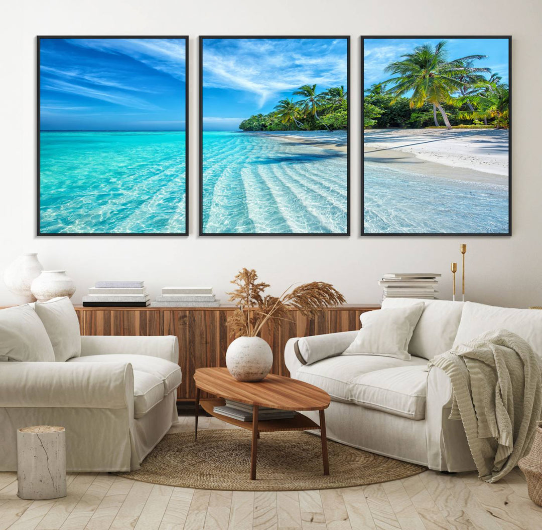 The Tropical Beach Wall Art Canvas Print showcases a serene ocean landscape with crystal clear turquoise water and palm trees, beautifully enhancing the coastal decor.