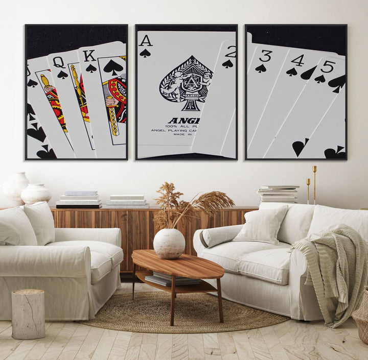 The Poker Wall Art - Playing Cards Canvas Wall Art Print features an Ace of Spades and Royal Flush design. This piece adds a classic charm to any space with its subtle emphasis on the Ace of Spades, making it perfect for game room decor.