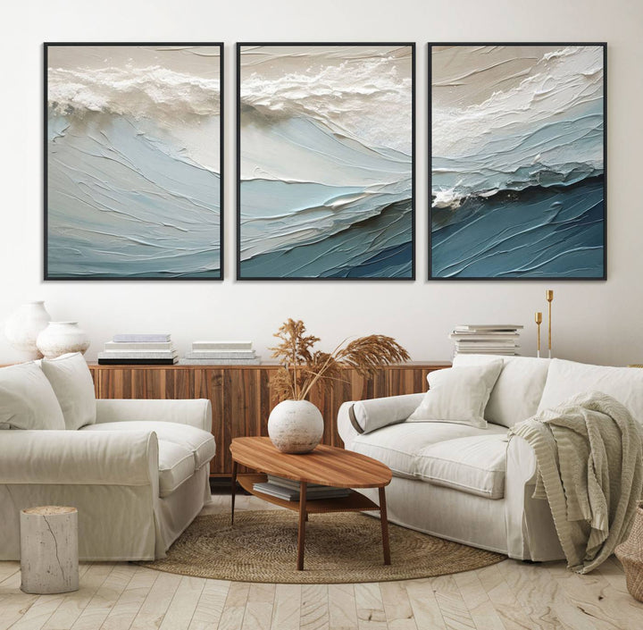 Waves Abstract Wall Art Print displayed on a porch with white siding.