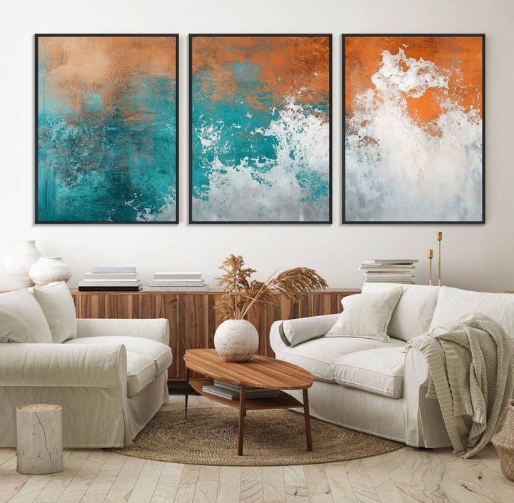 The Vintage Abstract Print - Bold Teal and Orange Canvas Wall Art is displayed on a porch.