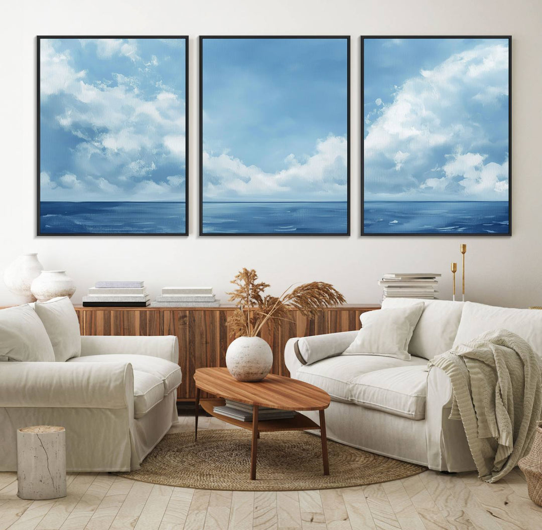 Abstract Ocean Print - Serene Blue Canvas displayed on a porch featuring minimalist decor.